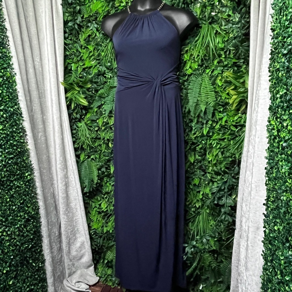 Calvin Klein Dress 12 Navy Blue Chain Halter‎ Knot Front Maxi Gown Formal 3808